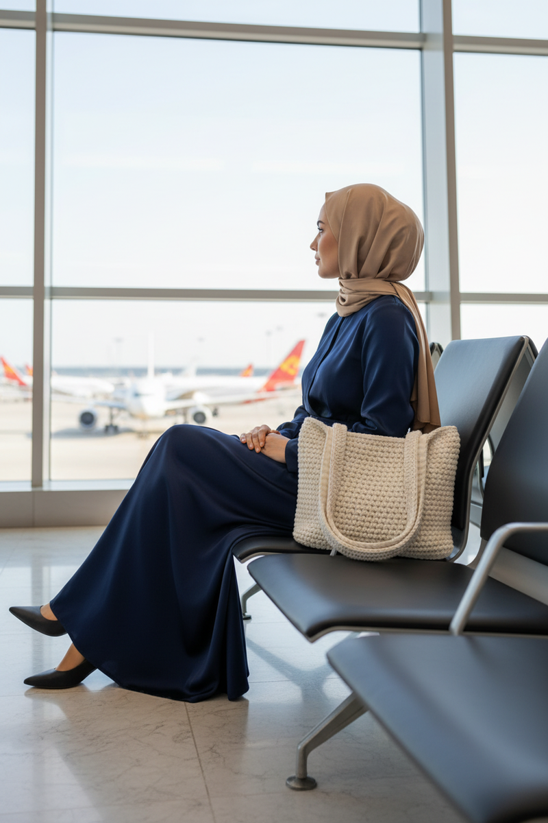 Sakurana Miyabi — Hijabi airport, Navy Blue satin, Nougat hijab, Natural White (02)